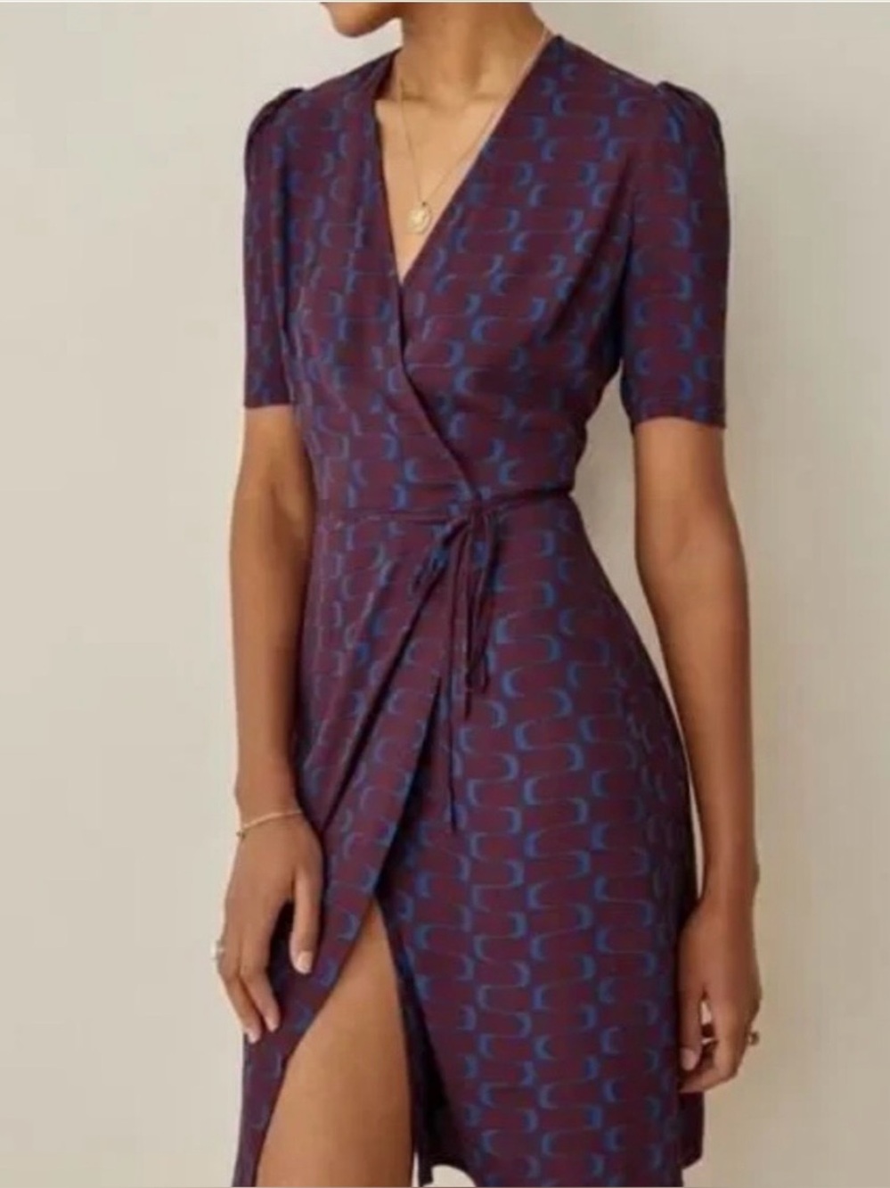 REFORMATION- Laurent Print Wrap Dress in Marooned Burgundy Size M
